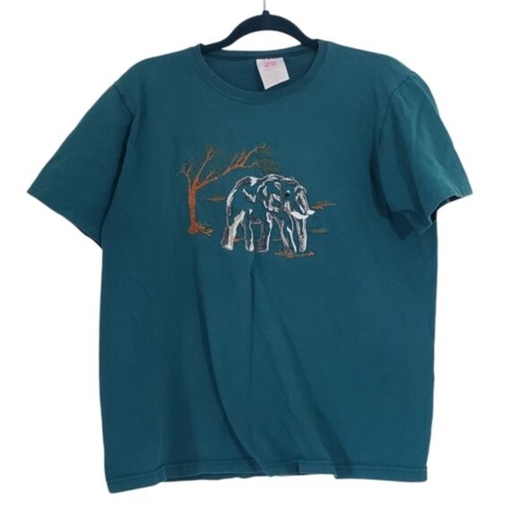 Vintage 90s Womens Hanes Embroidered Elephant Graphic Teal Short Sleeve T Shirt - Picture 1 of 6